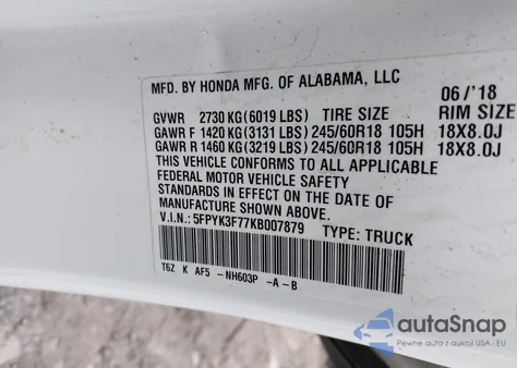 2019 Honda Ridgeline Rtl from USA, damaged, VIN 5FPYK3F77KB007879